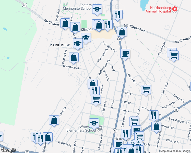 map of restaurants, bars, coffee shops, grocery stores, and more near 900-966 Rockingham Drive in Harrisonburg