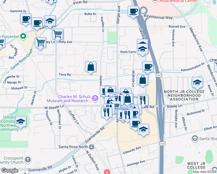 map of restaurants, bars, coffee shops, grocery stores, and more near 2375 Range Avenue in Santa Rosa
