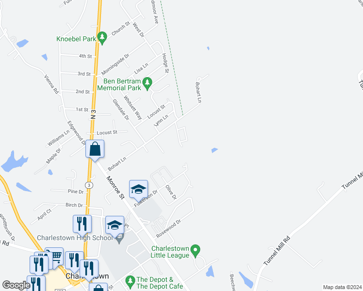 map of restaurants, bars, coffee shops, grocery stores, and more near 107 Melanie Lane in Charlestown