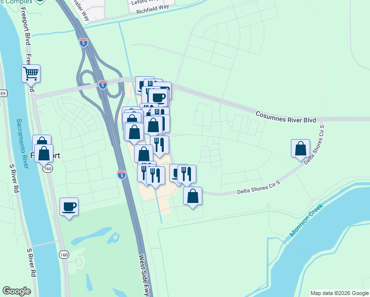 map of restaurants, bars, coffee shops, grocery stores, and more near 2133 Harborview Way in Sacramento