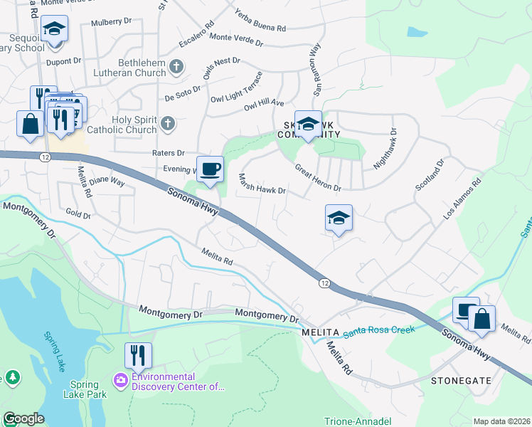 map of restaurants, bars, coffee shops, grocery stores, and more near 1480 Hawk Crest Place in Santa Rosa