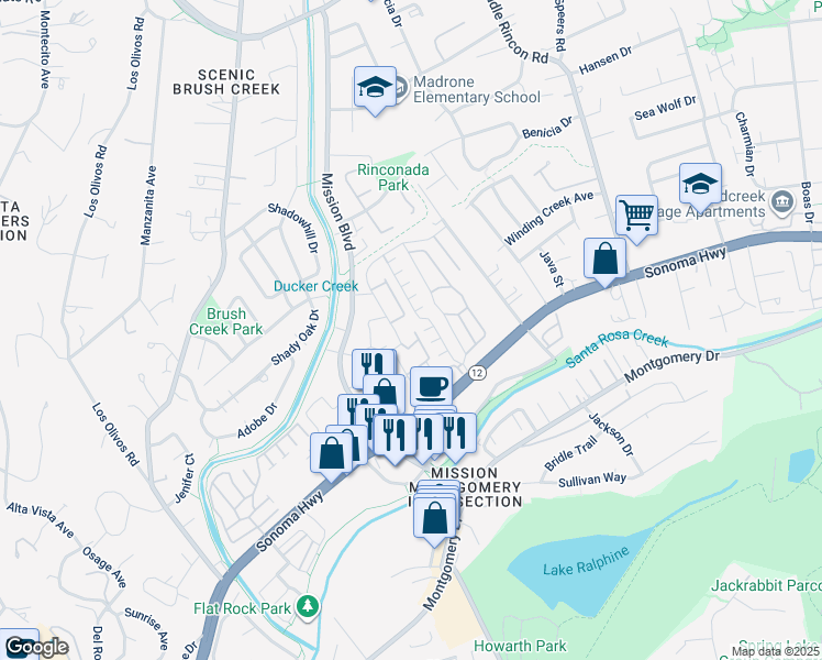 map of restaurants, bars, coffee shops, grocery stores, and more near 33 Cardinal Way in Santa Rosa