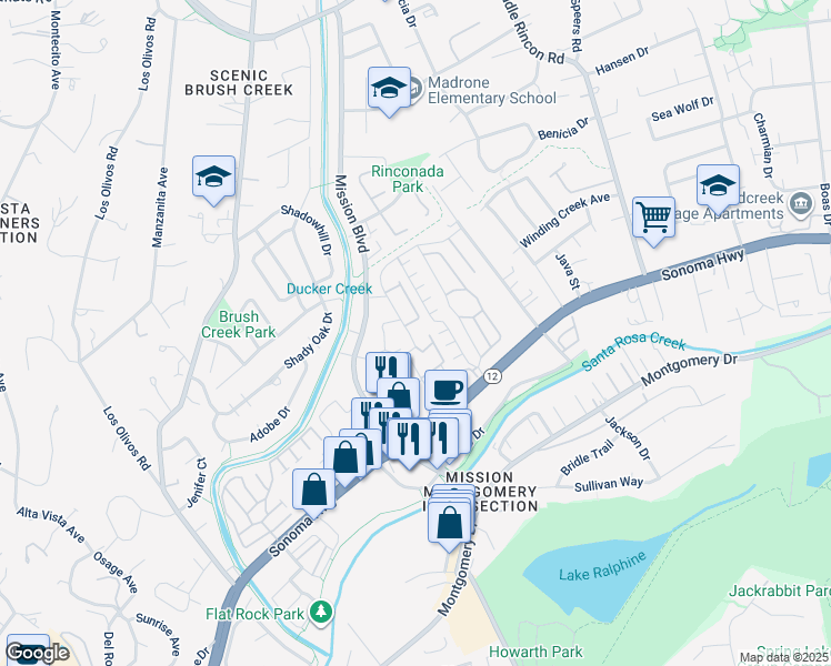 map of restaurants, bars, coffee shops, grocery stores, and more near 985 Prospect Avenue in Santa Rosa