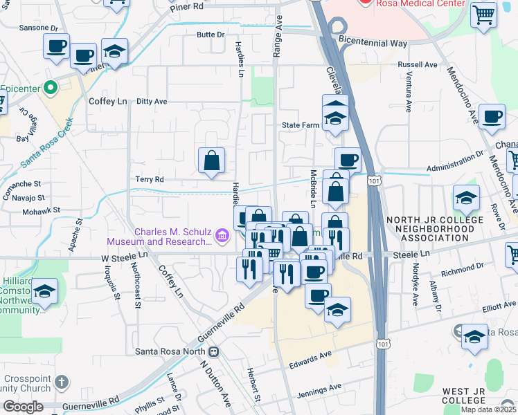 map of restaurants, bars, coffee shops, grocery stores, and more near 2375 Range Avenue in Santa Rosa