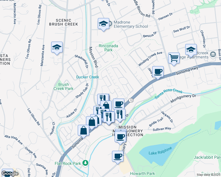 map of restaurants, bars, coffee shops, grocery stores, and more near 985 Prospect Avenue in Santa Rosa