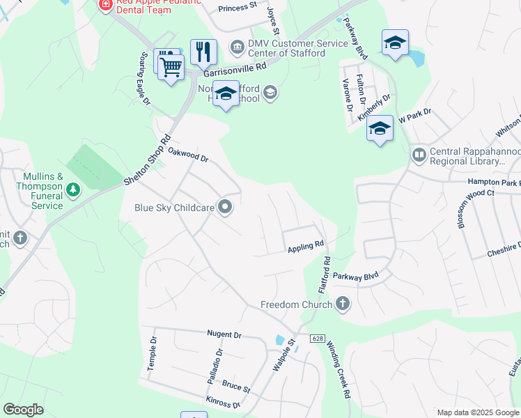 map of restaurants, bars, coffee shops, grocery stores, and more near 18 Wexwood Court in Stafford
