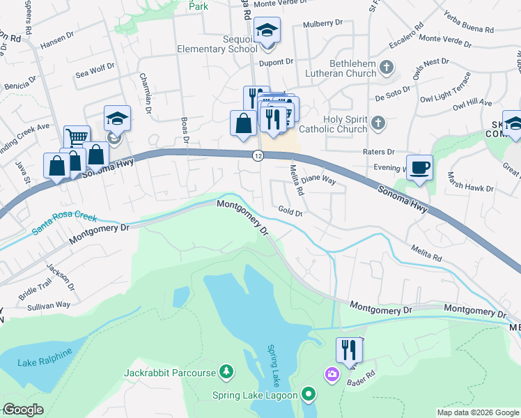 map of restaurants, bars, coffee shops, grocery stores, and more near 5168 Mattson Place in Santa Rosa