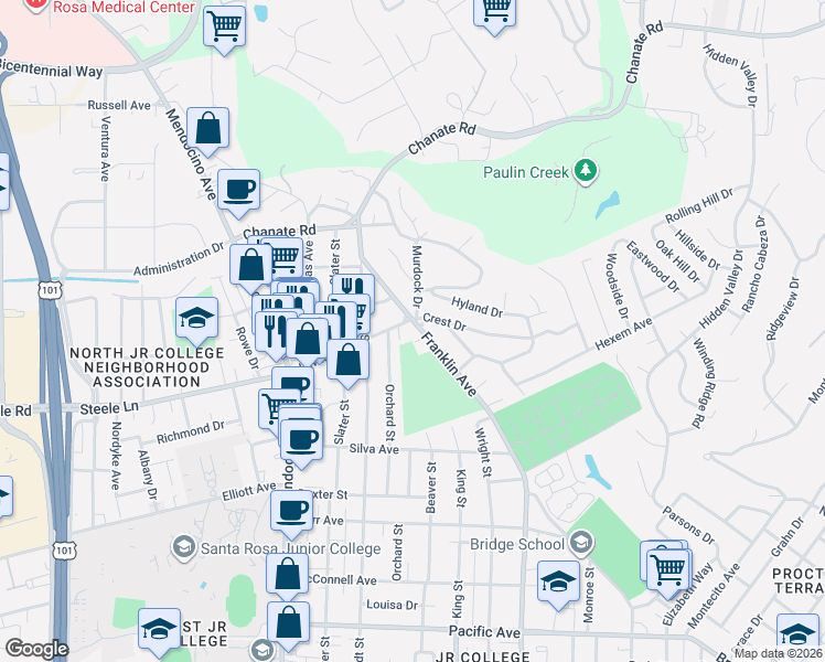 map of restaurants, bars, coffee shops, grocery stores, and more near 901 Crest Drive in Santa Rosa