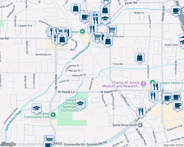 map of restaurants, bars, coffee shops, grocery stores, and more near 2615 Navajo Street in Santa Rosa