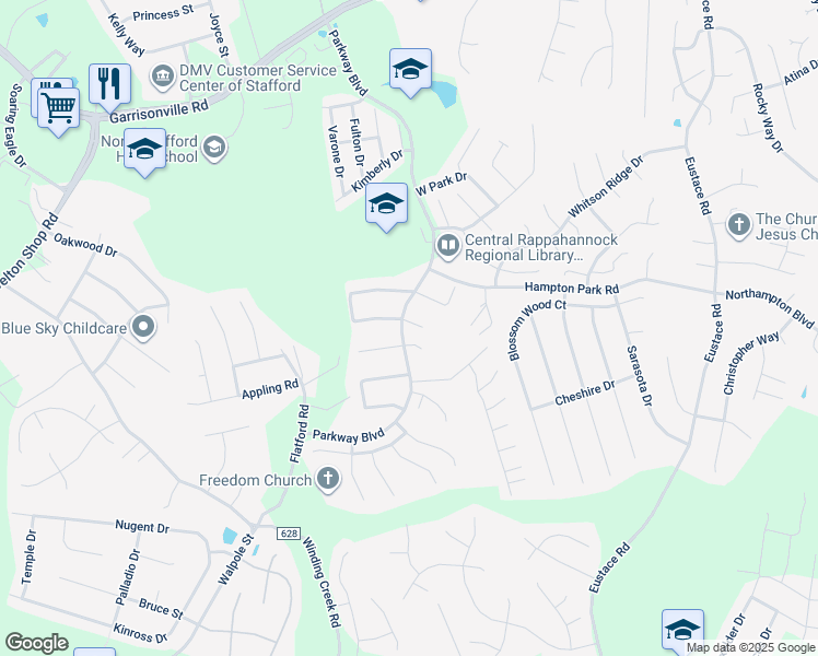 map of restaurants, bars, coffee shops, grocery stores, and more near 2 Ashley Court in Stafford