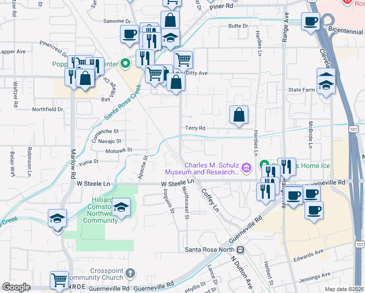map of restaurants, bars, coffee shops, grocery stores, and more near 1646 Becky Court in Santa Rosa