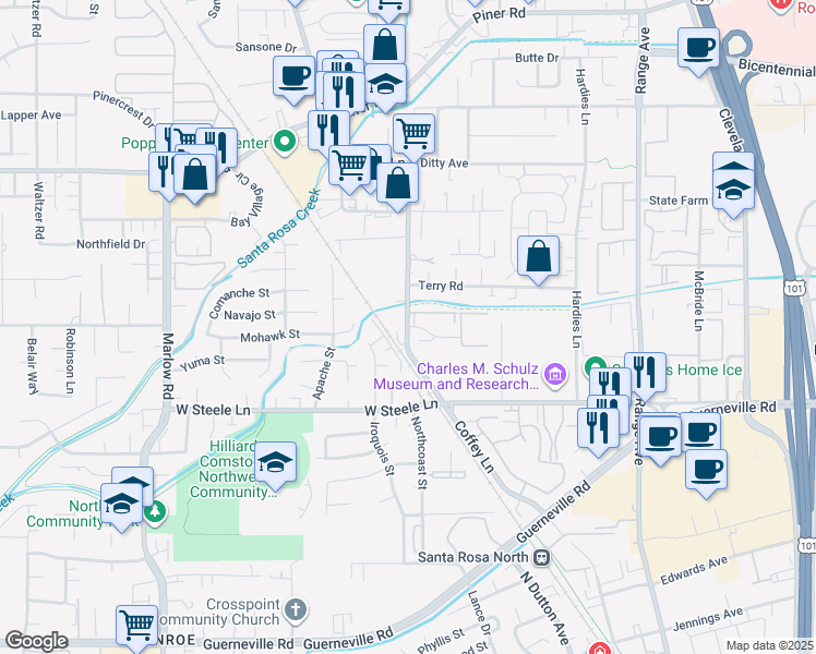 map of restaurants, bars, coffee shops, grocery stores, and more near Coffey Lane & Becky Court in Santa Rosa