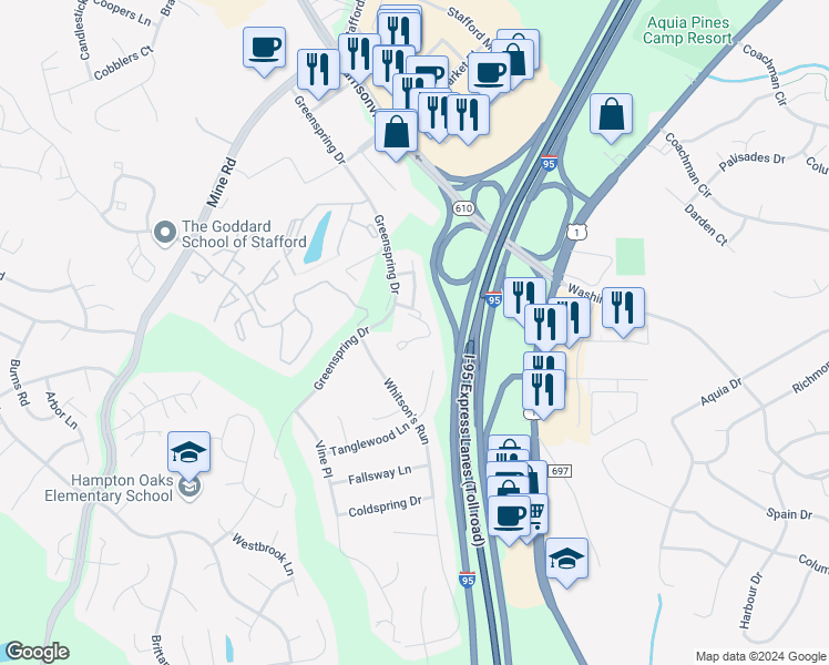 map of restaurants, bars, coffee shops, grocery stores, and more near 500 Stafford Glen Court in Stafford