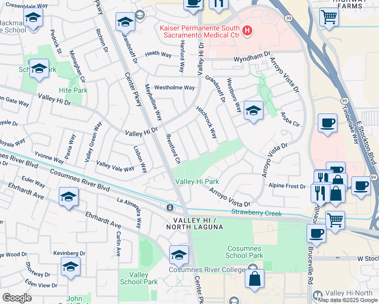 map of restaurants, bars, coffee shops, grocery stores, and more near 81 Kennelford Circle in Sacramento