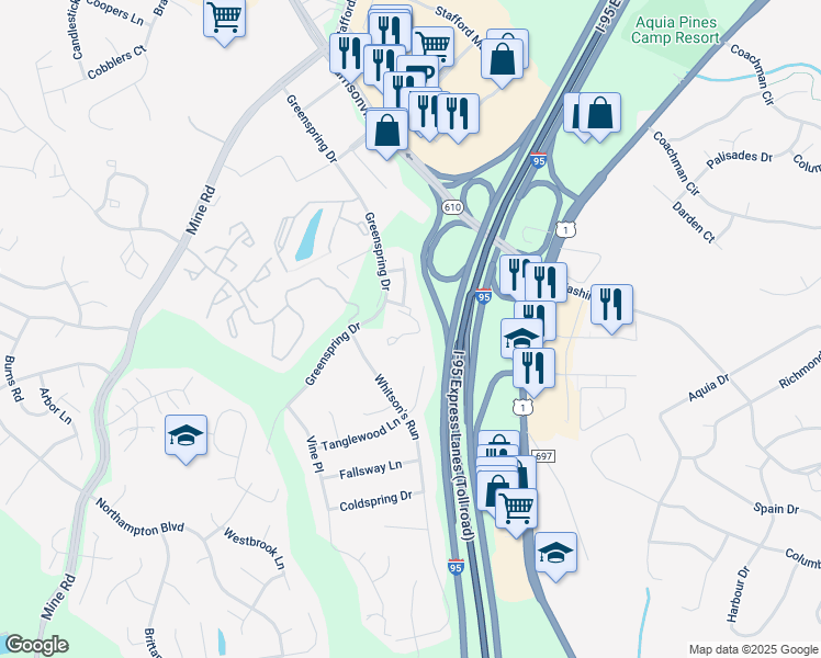 map of restaurants, bars, coffee shops, grocery stores, and more near 308 Stafford Glen Court in Stafford