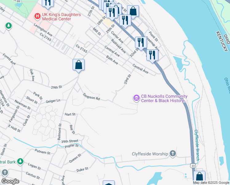 map of restaurants, bars, coffee shops, grocery stores, and more near 702 33rd Street in Ashland