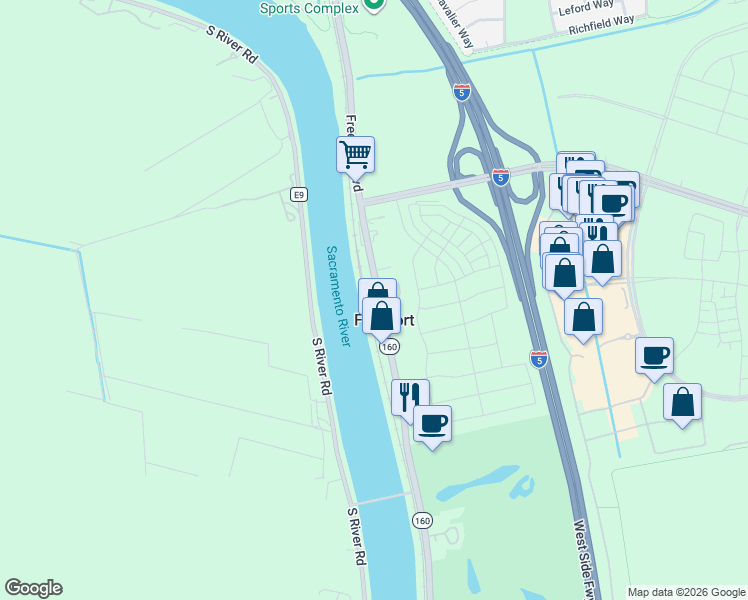 map of restaurants, bars, coffee shops, grocery stores, and more near 8034 Freeport Boulevard in Sacramento