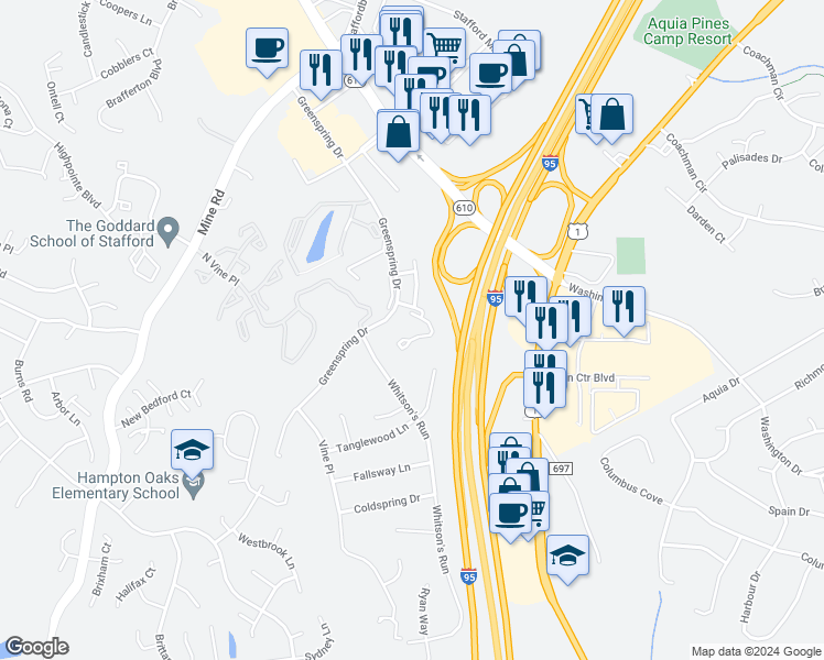 map of restaurants, bars, coffee shops, grocery stores, and more near 504 Stafford Glen Court in Stafford