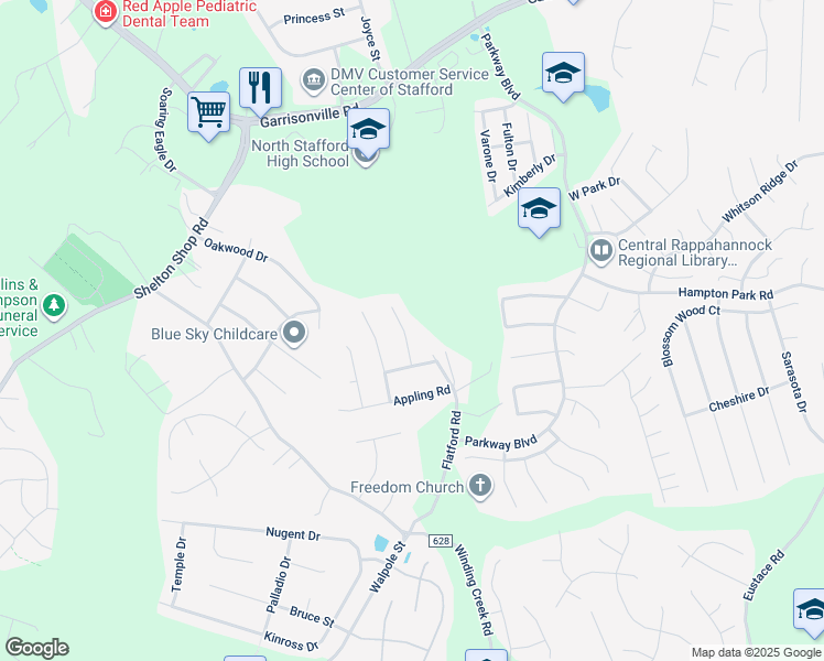 map of restaurants, bars, coffee shops, grocery stores, and more near 8 Wren Way Court in Stafford