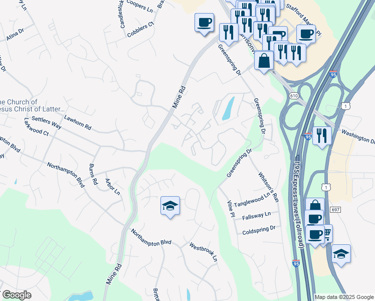 map of restaurants, bars, coffee shops, grocery stores, and more near 100 Edgemere Court in Stafford