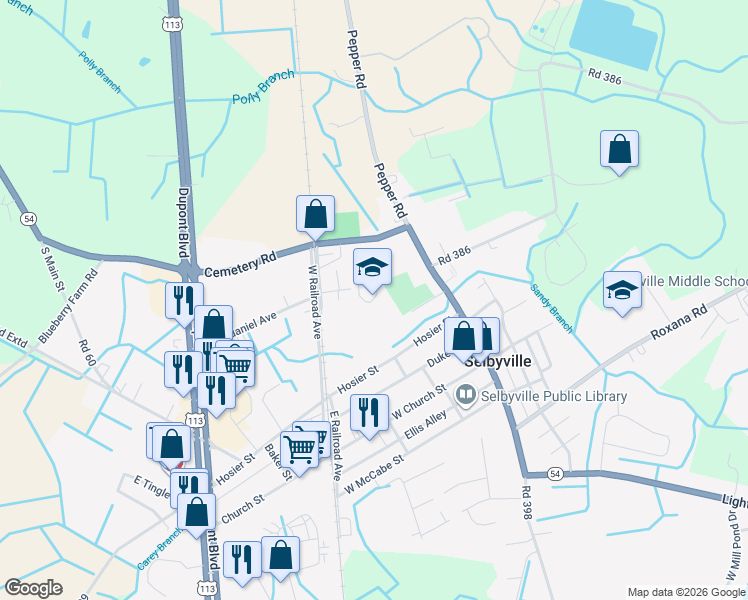map of restaurants, bars, coffee shops, grocery stores, and more near 27 Hosier Street in Selbyville
