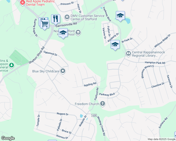 map of restaurants, bars, coffee shops, grocery stores, and more near 8 Wren Way Court in Stafford