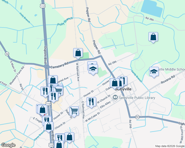 map of restaurants, bars, coffee shops, grocery stores, and more near 27 Hosier Street in Selbyville