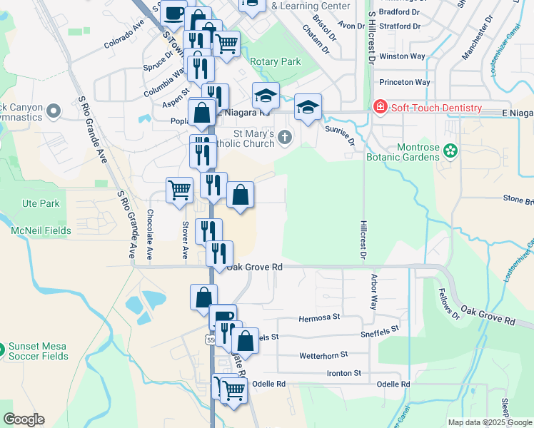 map of restaurants, bars, coffee shops, grocery stores, and more near 1650 Encanto Place in Montrose