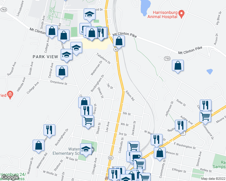 map of restaurants, bars, coffee shops, grocery stores, and more near 971 Lee Avenue in Harrisonburg