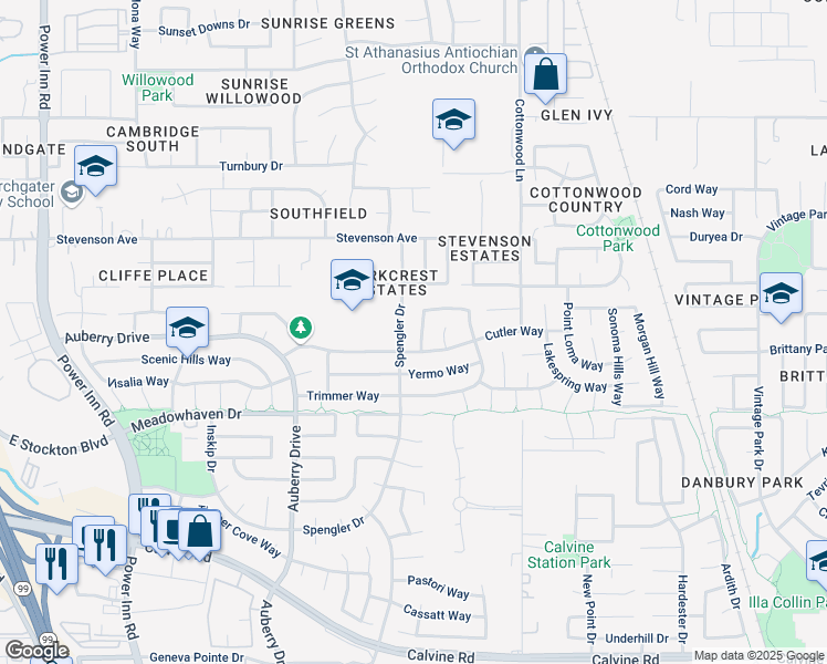 map of restaurants, bars, coffee shops, grocery stores, and more near 8015 Northern Oak Circle in Sacramento