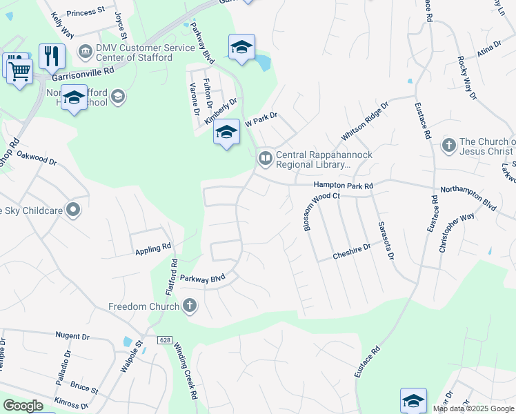 map of restaurants, bars, coffee shops, grocery stores, and more near 11 Ashley Court in Stafford
