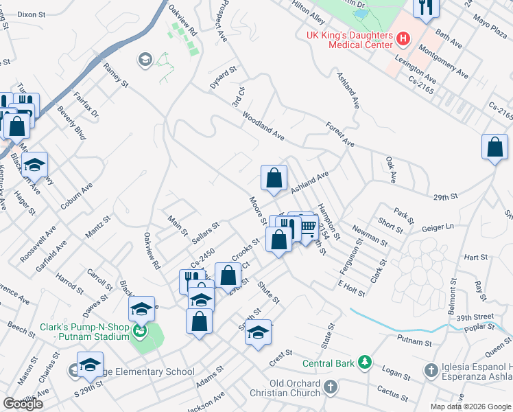 map of restaurants, bars, coffee shops, grocery stores, and more near 2425 Moore Street in Ashland