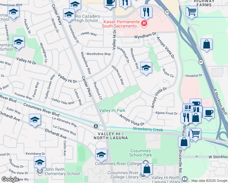 map of restaurants, bars, coffee shops, grocery stores, and more near 41 Kennelford Circle in Sacramento