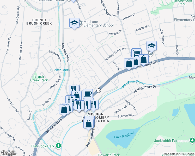 map of restaurants, bars, coffee shops, grocery stores, and more near 103 Bluejay Drive in Santa Rosa