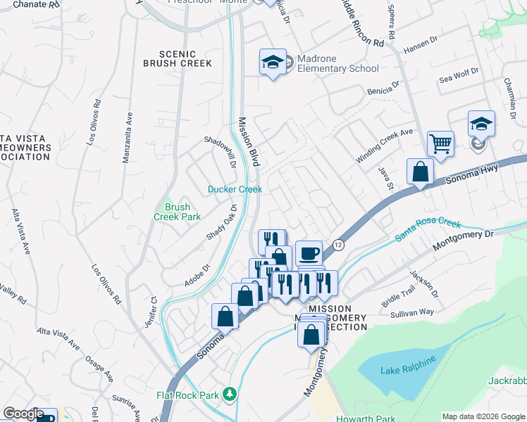 map of restaurants, bars, coffee shops, grocery stores, and more near 1417 Mission Boulevard in Santa Rosa