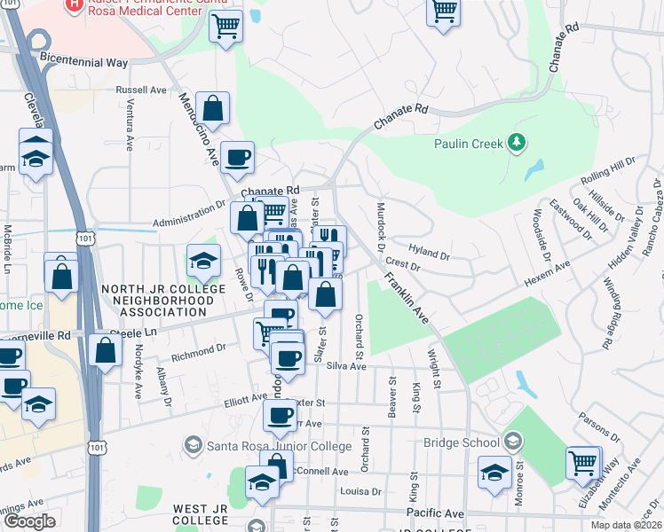 map of restaurants, bars, coffee shops, grocery stores, and more near 615 La Verne Avenue in Santa Rosa