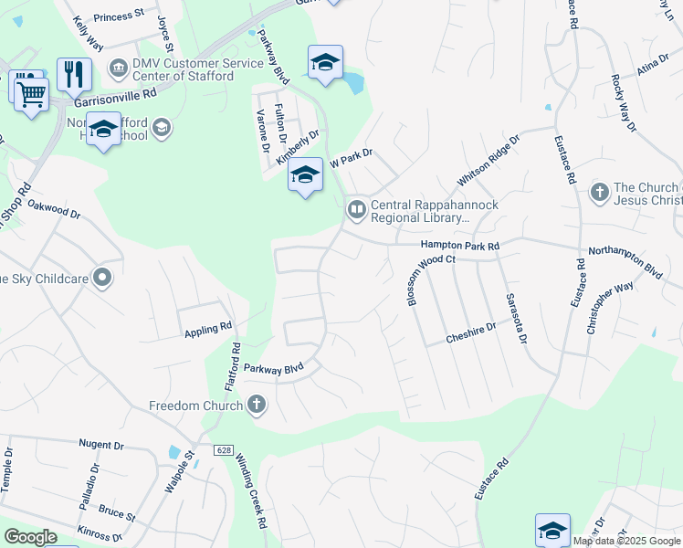 map of restaurants, bars, coffee shops, grocery stores, and more near 11 Ashley Court in Stafford