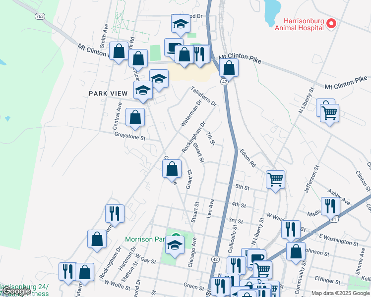 map of restaurants, bars, coffee shops, grocery stores, and more near 1022 Waterman Drive in Harrisonburg