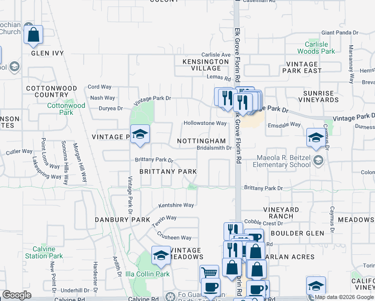 map of restaurants, bars, coffee shops, grocery stores, and more near 8808 Bridalsmith Drive in Sacramento