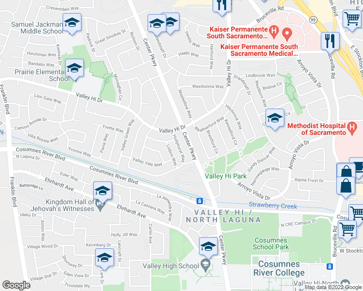 map of restaurants, bars, coffee shops, grocery stores, and more near 8108 Center Parkway in Sacramento