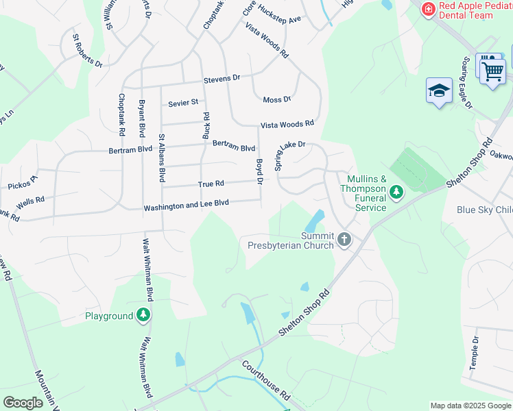 map of restaurants, bars, coffee shops, grocery stores, and more near 1 Washington and Lee Boulevard in Stafford