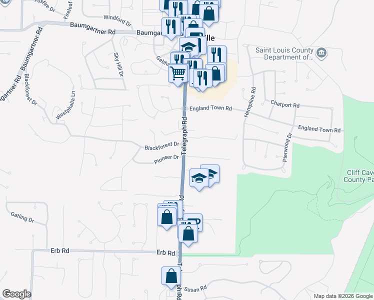 map of restaurants, bars, coffee shops, grocery stores, and more near 5819 Telegraph Road in St. Louis