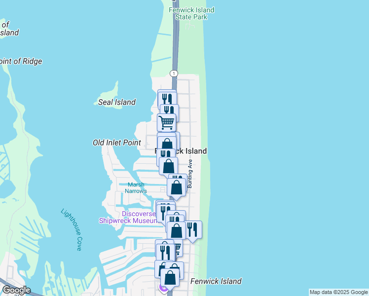 map of restaurants, bars, coffee shops, grocery stores, and more near 5 East Georgetown Street in Fenwick Island