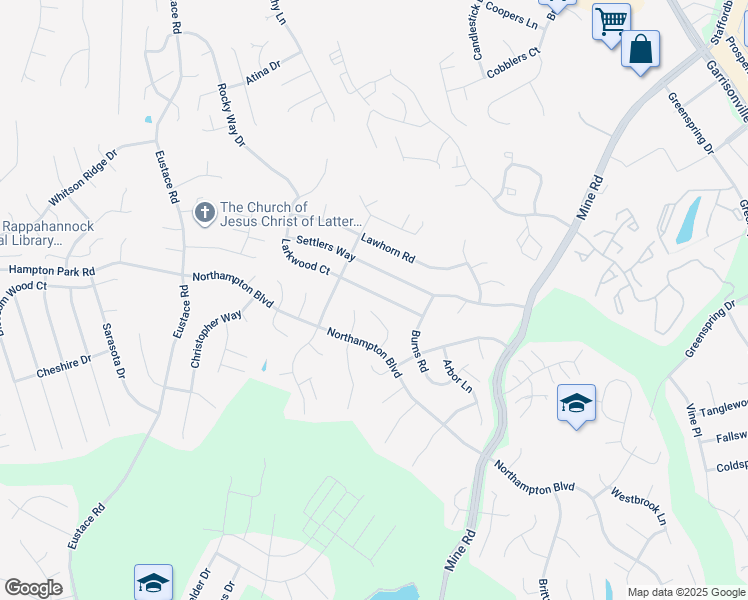 map of restaurants, bars, coffee shops, grocery stores, and more near 11 Larkwood Court in Stafford