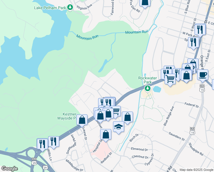map of restaurants, bars, coffee shops, grocery stores, and more near 633 Country Club Road in Culpeper