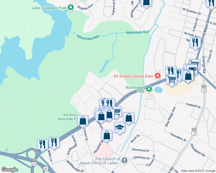 map of restaurants, bars, coffee shops, grocery stores, and more near 633 Country Club Road in Culpeper