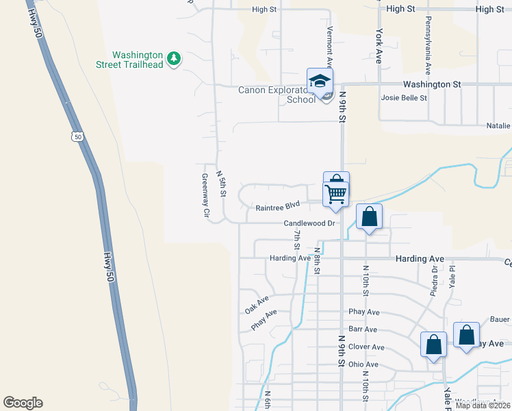 map of restaurants, bars, coffee shops, grocery stores, and more near 600 Raintree Boulevard in Cañon City