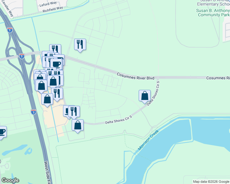 map of restaurants, bars, coffee shops, grocery stores, and more near 2249 Delta View Avenue in Sacramento