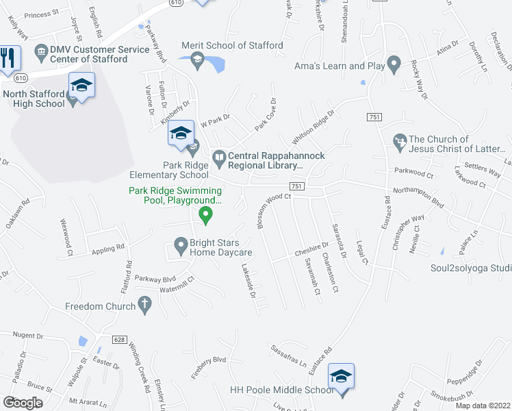 map of restaurants, bars, coffee shops, grocery stores, and more near 13 Cheshire Drive in Stafford