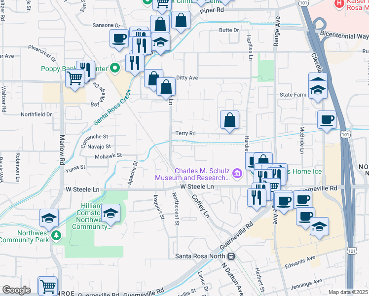 map of restaurants, bars, coffee shops, grocery stores, and more near 3018 Coffey Lane in Santa Rosa